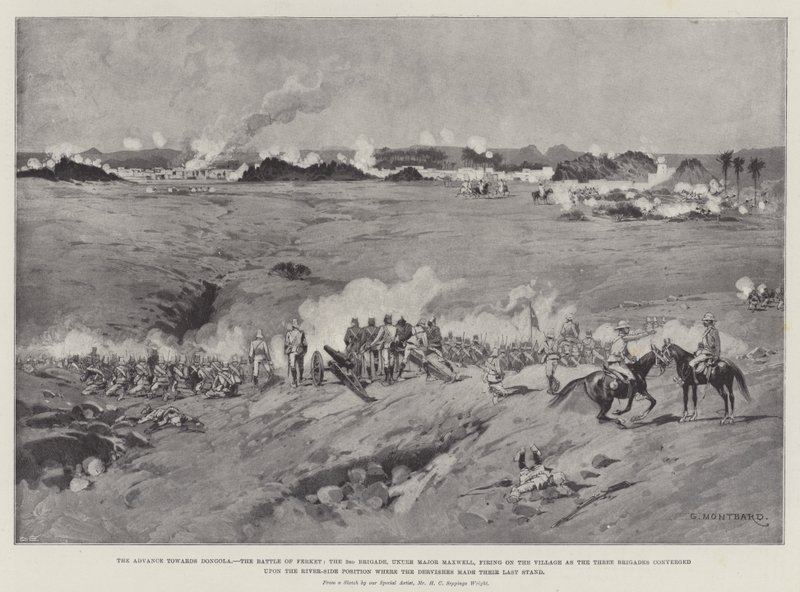 De Vooruitgang naar Dongola, de Slag bij Ferket, de 3e Brigade, onder leiding van Majoor Maxwell, vuurt op het Dorp terwijl de Drie Brigades samenkwamen op de Rivier-Positie waar de Derwisjen zich bevonden door Charles Auguste Loye