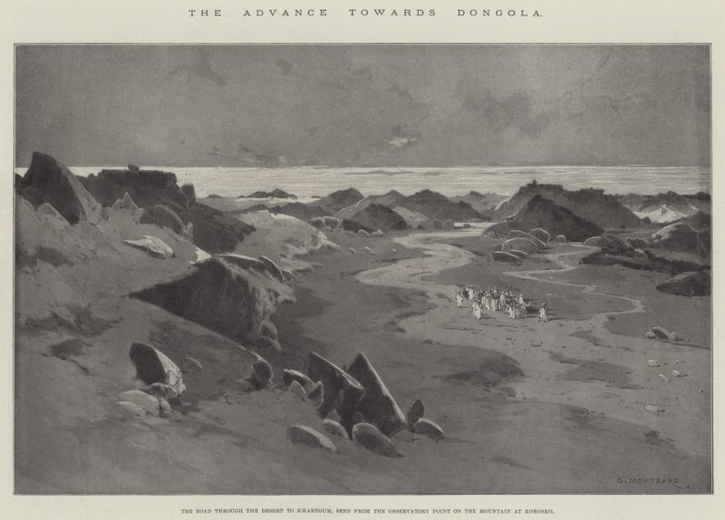 De opmars naar Dongola, de weg door de woestijn naar Khartoum, gezien vanaf het observatiepunt op de berg bij Korosko door Charles Auguste Loye