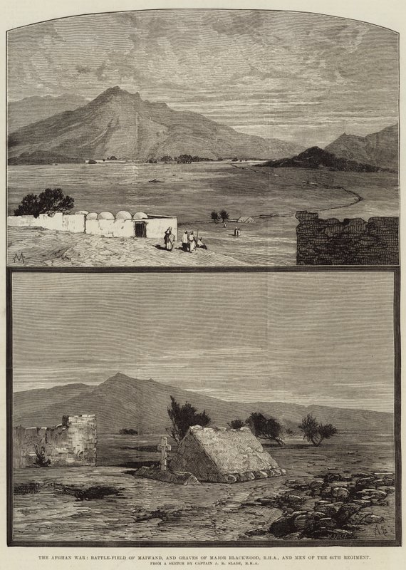 De Afghaanse Oorlog, Slagveld van Maiwand, en graven van majoor Blackwood, RHA, en mannen van het 66e regiment door Charles Auguste Loye
