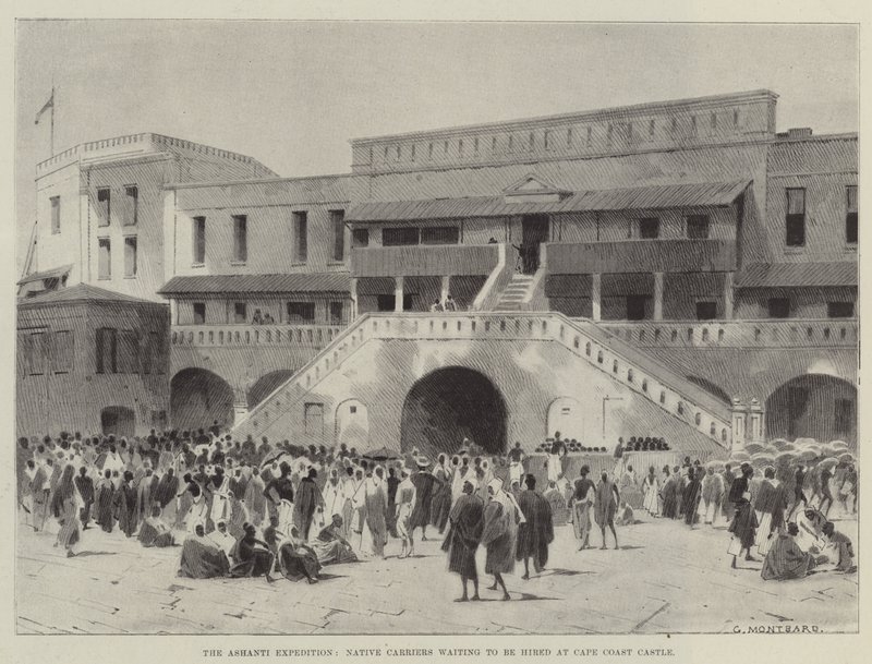 De Ashanti Expeditie, Inheemse Dragers die wachten om ingehuurd te worden bij Cape Coast Castle door Charles Auguste Loye
