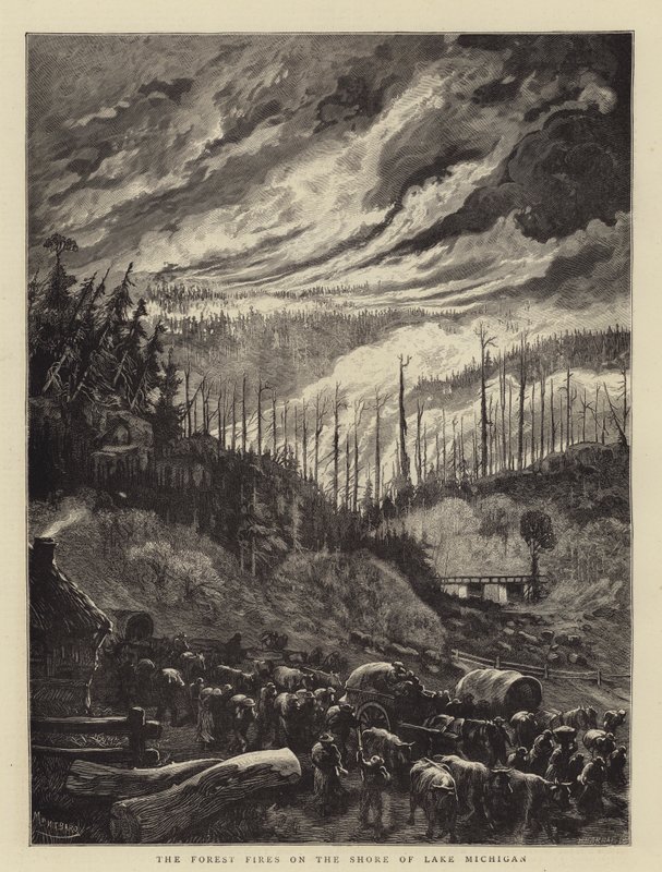 De bosbranden aan de oever van Lake Michigan door Charles Auguste Loye
