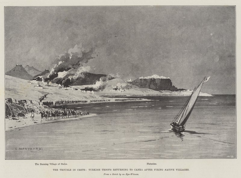De problemen op Kreta, Turkse troepen keren terug naar Canea na het beschieten van inheemse dorpen door Charles Auguste Loye