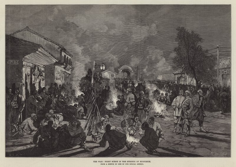 De oorlog, nachtscène in de straten van Rustchuk door Charles Auguste Loye