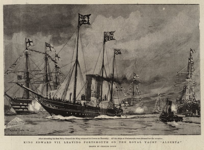 Koning Edward VII verlaat Portsmouth op het Koninklijke Jacht Alberta door Charles Edward Dixon