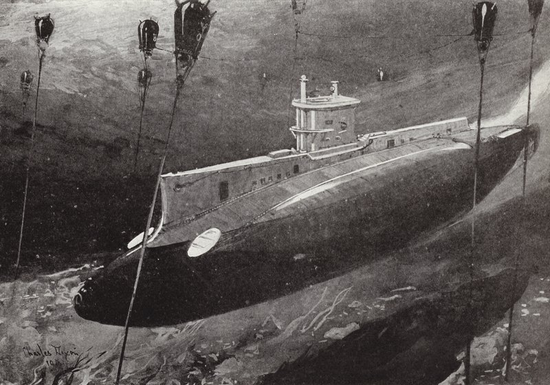 Luitenant-Commandant Edward Boyle in onderzeeër E14 die Turkse mijnen ontwijkt terwijl hij door de Dardanellen vaart, 27 april 1915 door Charles Edward Dixon