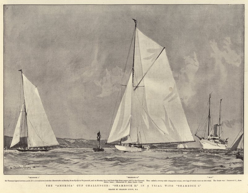 De America Cup-uitdager, Shamrock II in een proef met Shamrock I door Charles Edward Dixon