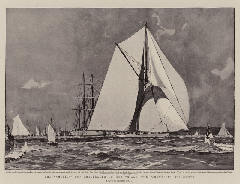 De America Cup-uitdager tijdens haar proeven, de Shamrock bij Cowes door Charles Edward Dixon