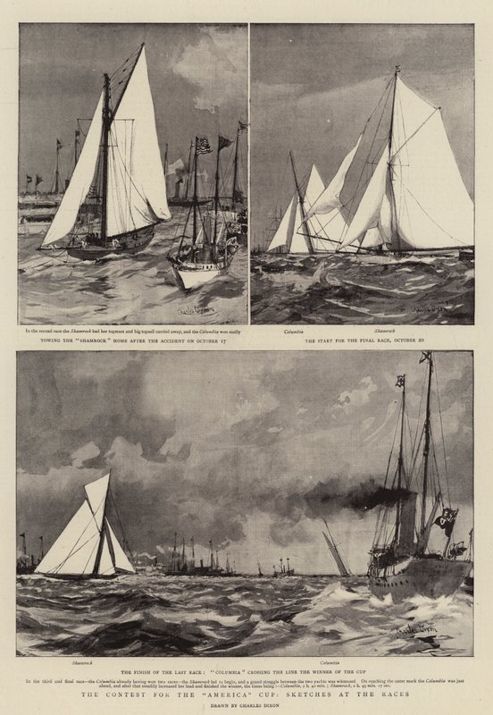 De wedstrijd om de America Cup, schetsen bij de races door Charles Edward Dixon