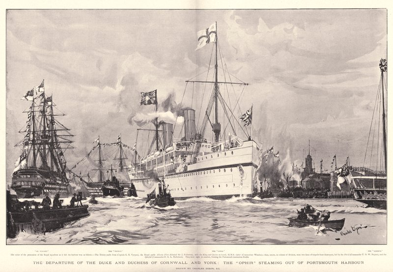 Het vertrek van de hertog en hertogin van Cornwall en York, de Ophir stoomt de haven van Portsmouth uit door Charles Edward Dixon