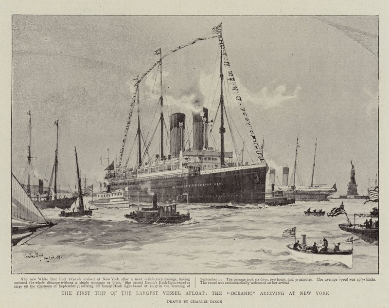 De eerste reis van het grootste schip ter wereld, de Oceanic aankomend in New York door Charles Edward Dixon