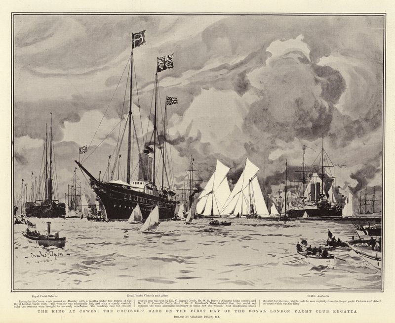 De koning in Cowes, de kruisersrace op de eerste dag van de Royal London Yacht Club Regatta door Charles Edward Dixon