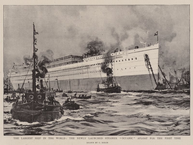 Het grootste schip ter wereld, de pas gelanceerde stoomboot Oceanic voor het eerst te water door Charles Edward Dixon