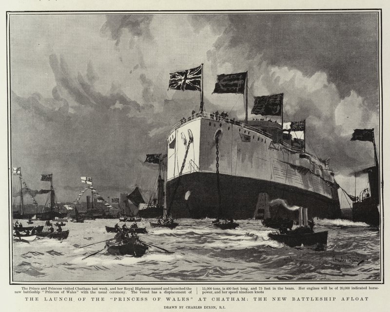 De Lancering van de Prinses van Wales, in Chatham, het Nieuwe Oorlogsschip te Water door Charles Edward Dixon