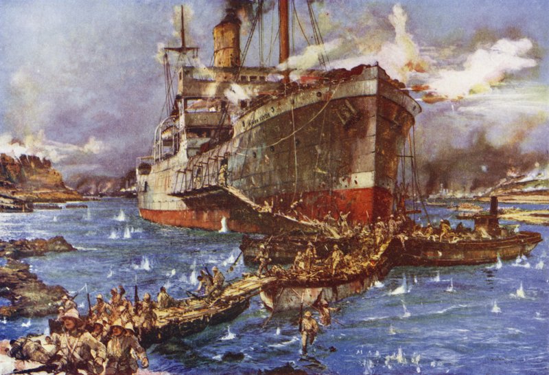 De landing van troepen van de rivier de Clyde bij V Beach, Gallipoli-schiereiland, Turkije, 25 april 1915 door Charles Edward Dixon