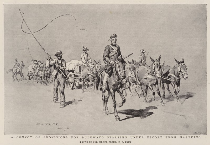 Een konvooi van voorraden voor Buluwayo vertrekt onder escorte vanuit Mafeking door Charles Edwin Fripp