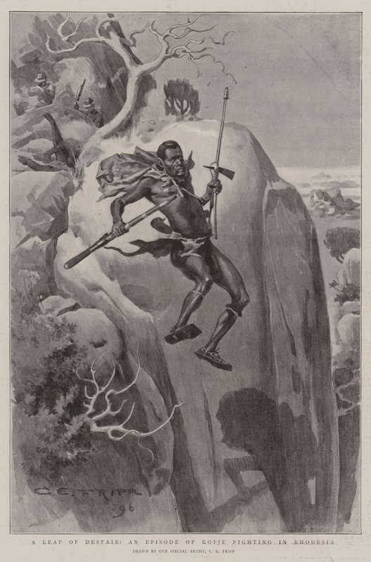 Een sprong van wanhoop, een episode van Kopje-gevechten in Rhodesië door Charles Edwin Fripp