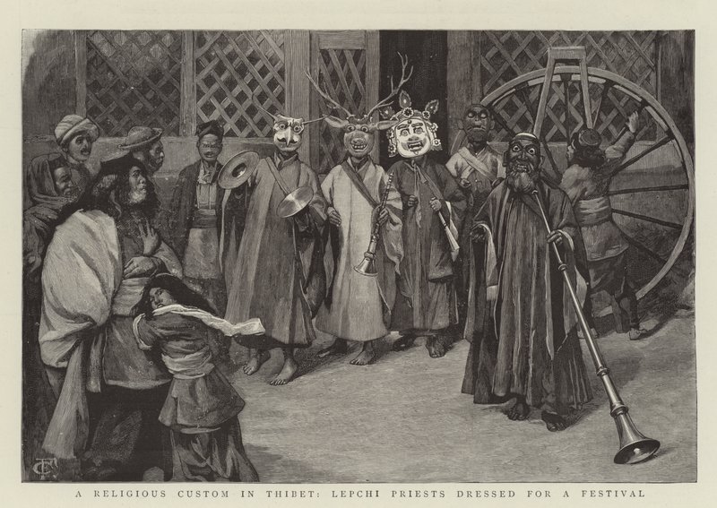 Een Religieuze Gewoonte in Tibet, Lepchi Priesters gekleed voor een Festival door Charles Edwin Fripp