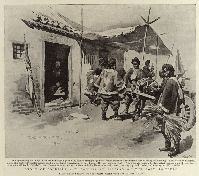 Groep Soldaten en Koelies bij Palikao op de Weg naar Peking door Charles Edwin Fripp