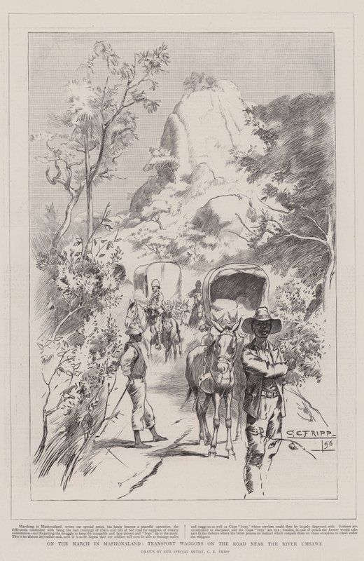 Op mars in Mashonaland, transportwagens op de weg bij de rivier Umsawe door Charles Edwin Fripp