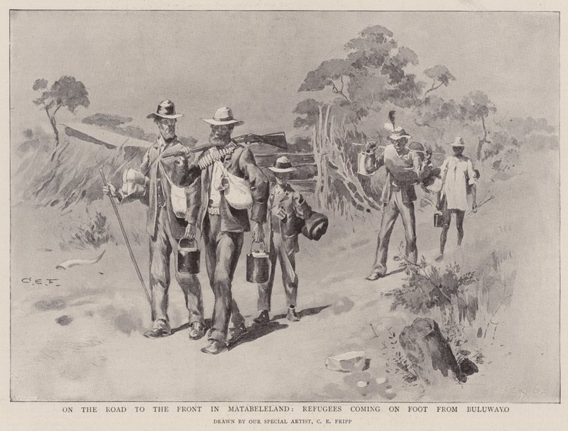 Op weg naar het front in Matabeleland, vluchtelingen te voet uit Buluwayo door Charles Edwin Fripp