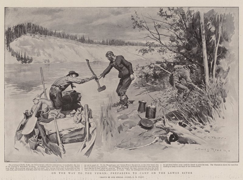 Op weg naar de Yukon, voorbereiden om te kamperen aan de Lewes River door Charles Edwin Fripp