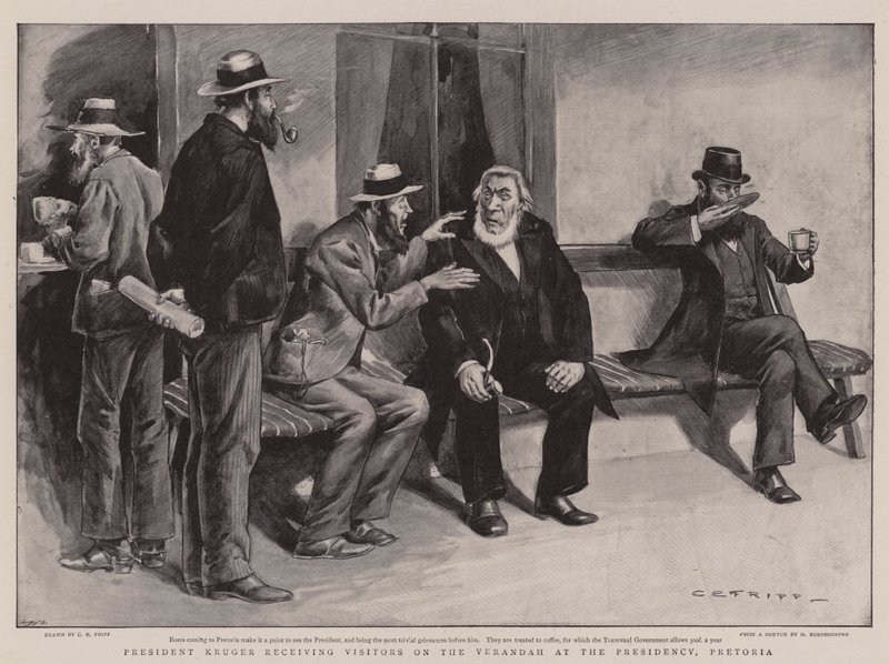 President Kruger ontvangt bezoekers op de veranda van het presidentschap, Pretoria door Charles Edwin Fripp