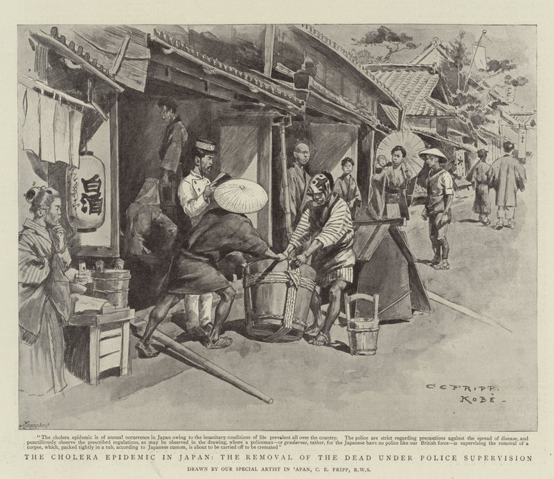 De cholera-epidemie in Japan, het verwijderen van de doden onder politietoezicht door Charles Edwin Fripp