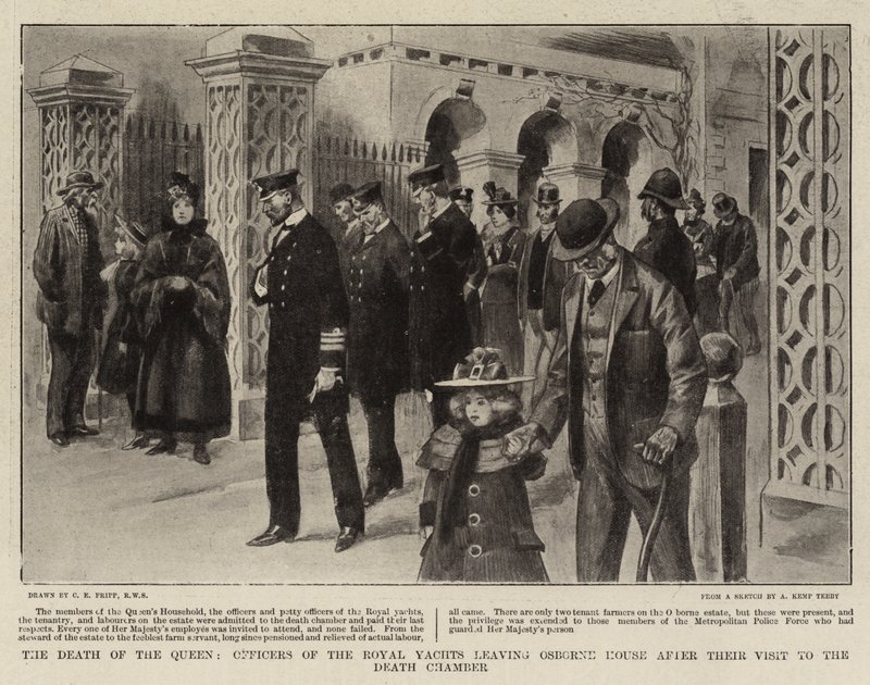 De dood van de koningin, officieren van de koninklijke jachten verlaten Osborne House na hun bezoek aan de doodskamer door Charles Edwin Fripp