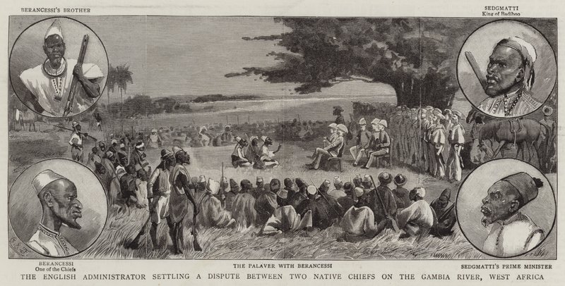 De Engelse bestuurder die een geschil beslecht tussen twee inheemse stamhoofden aan de Gambia-rivier, West-Afrika door Charles Edwin Fripp