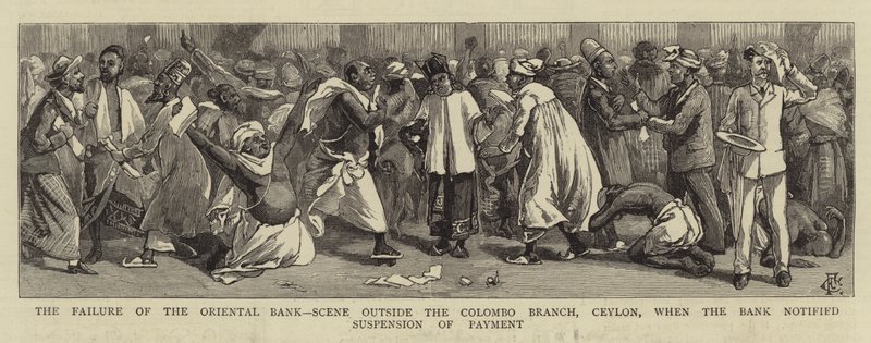Het falen van de Oriëntaalse Bank, scène buiten het Colombo-filiaal, Ceylon, toen de bank de opschorting van betalingen aankondigde door Charles Edwin Fripp