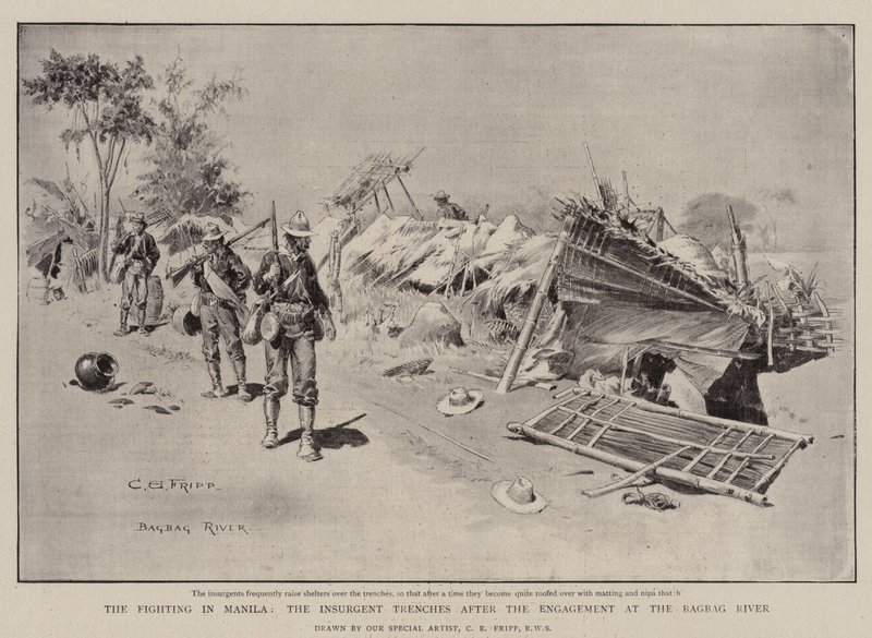 Het Gevecht in Manilla, de Loopgraven van de Opstandelingen na de Slag bij de Bagbag Rivier door Charles Edwin Fripp