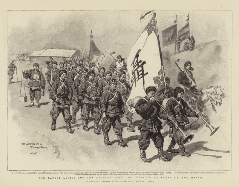 De nieuwste rekruten voor het Chinese leger, een infanterieregiment op mars door Charles Edwin Fripp