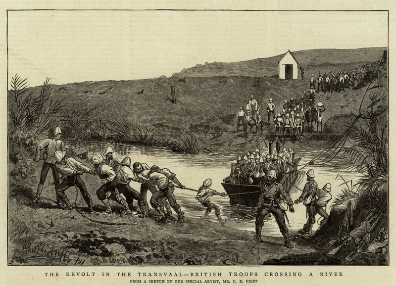 De opstand in de Transvaal, Britse troepen steken een rivier over door Charles Edwin Fripp