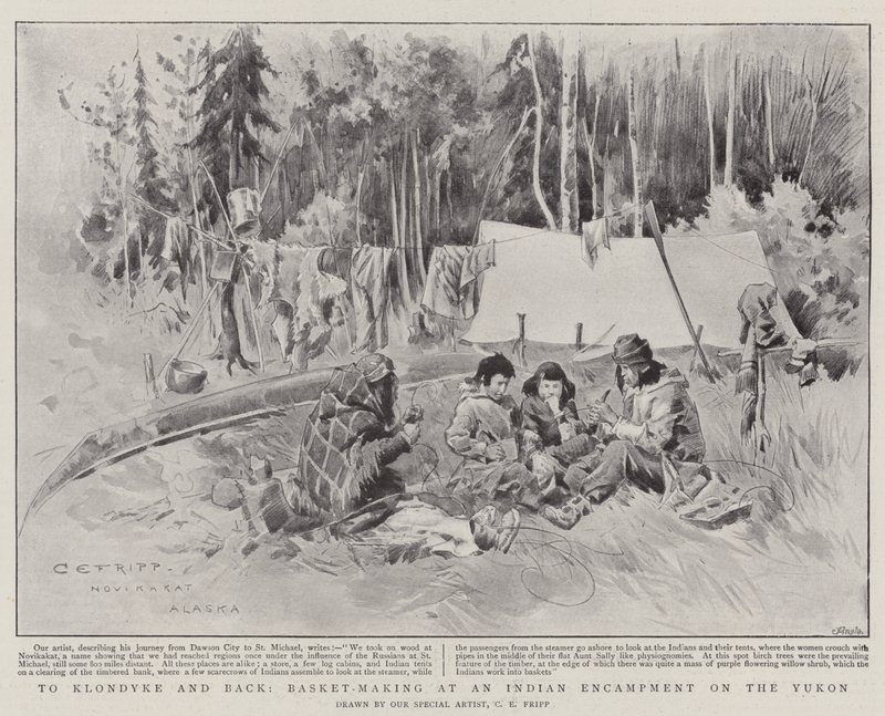 Naar Klondyke en terug, manden maken in een Indiaans kampement aan de Yukon door Charles Edwin Fripp