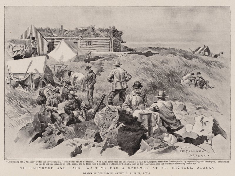 Naar Klondyke en terug, wachtend op een stoomboot in St. Michael, Alaska door Charles Edwin Fripp