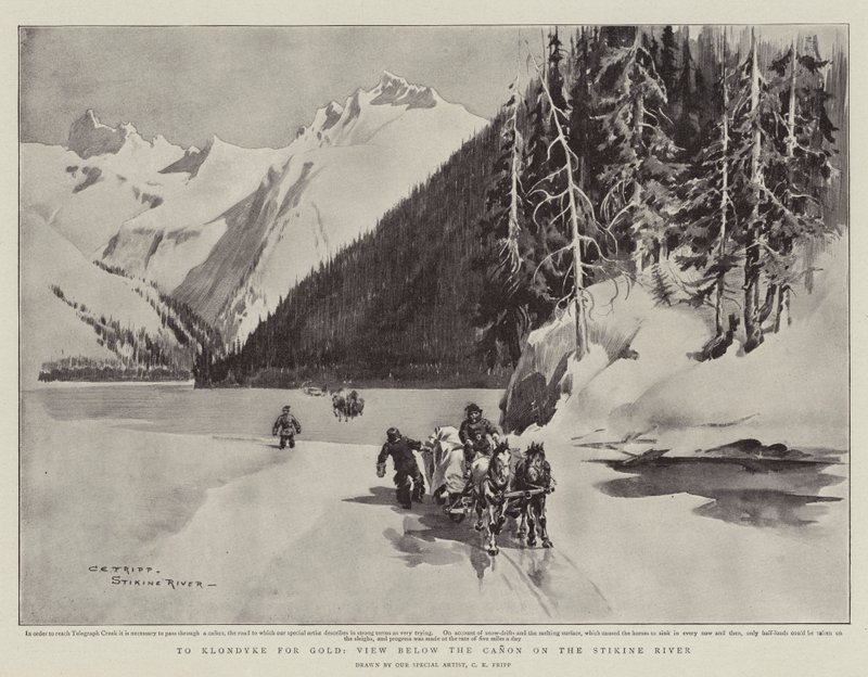 Naar Klondyke voor goud, uitzicht onder de kloof op de Stikine-rivier door Charles Edwin Fripp