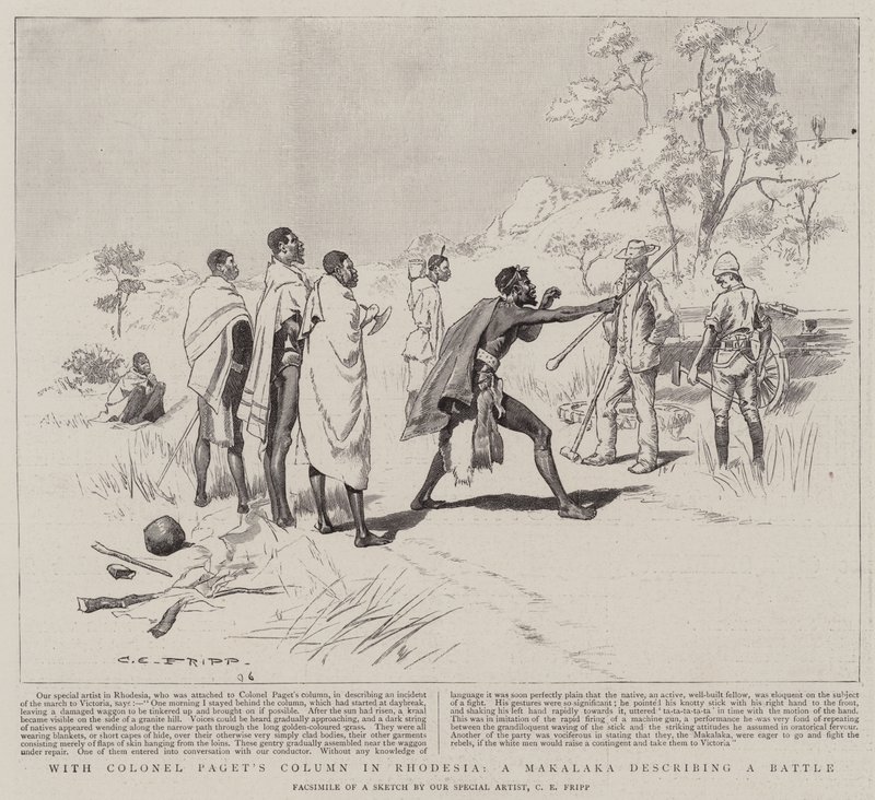Met de Kolom van Kolonel Paget in Rhodesië, een Makalaka die een Slag Beschrijft door Charles Edwin Fripp