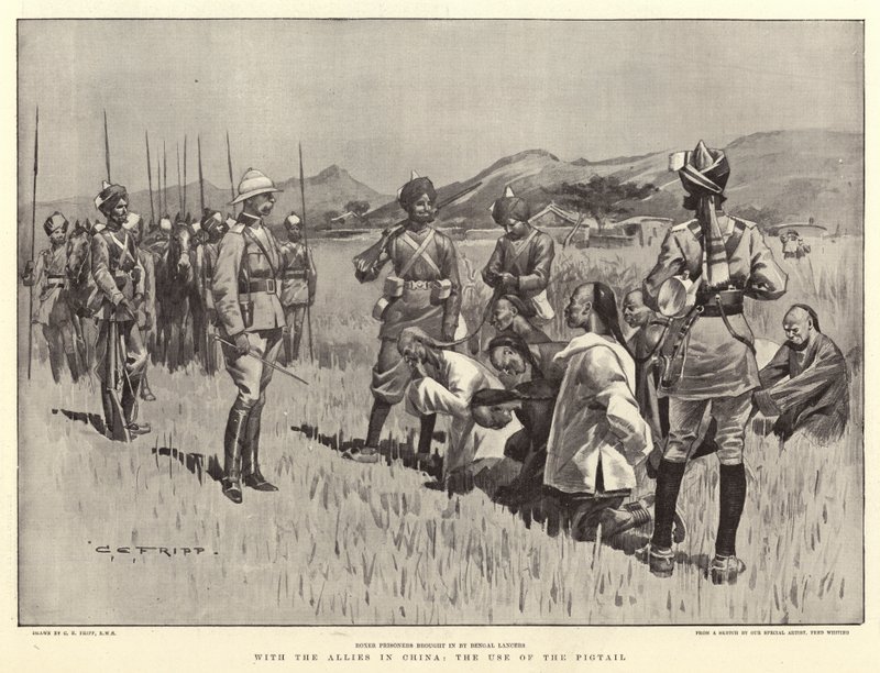 Met de Geallieerden in China, het Gebruik van de Vlecht door Charles Edwin Fripp