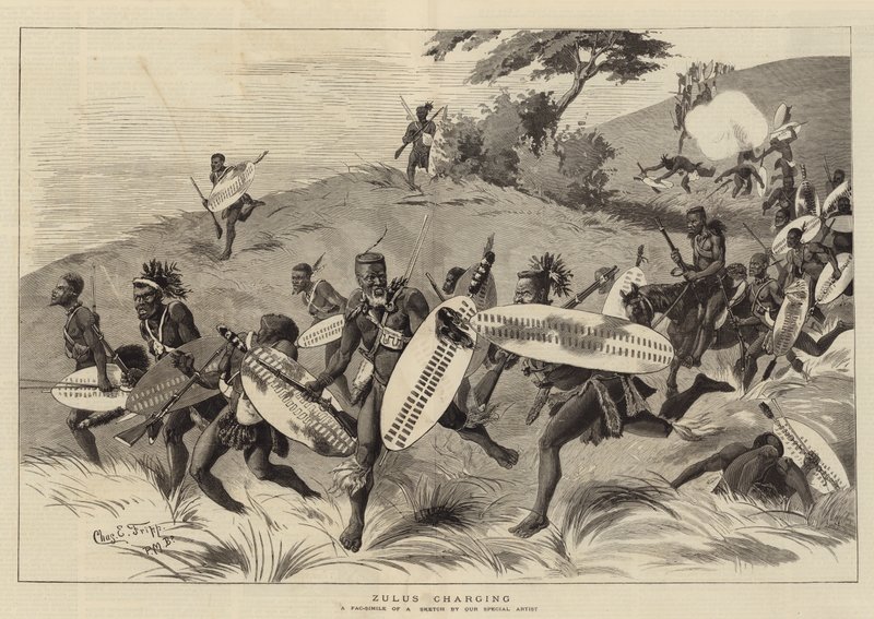Zulus aanvallen door Charles Edwin Fripp
