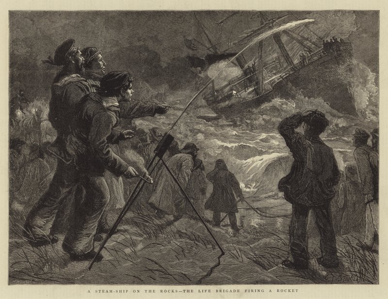 Een stoomschip op de rotsen, de levensbrigade vuurt een raket af door Charles J. Staniland