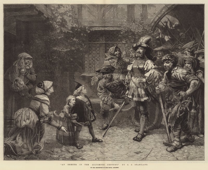 Een Emeute in de Zestiende Eeuw, in de Tentoonstelling van de Koninklijke Academie door Charles J. Staniland