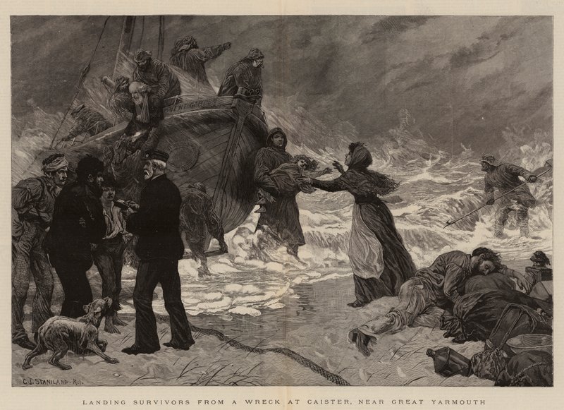 Overlevenden van een wrak aan land brengen bij Caister, nabij Great Yarmouth door Charles J. Staniland