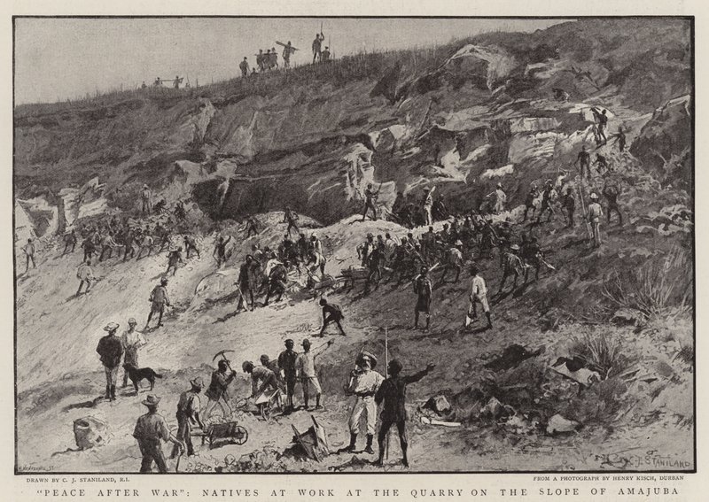 Vrede na oorlog, inboorlingen aan het werk in de steengroeve op de helling van Amajuba door Charles J. Staniland