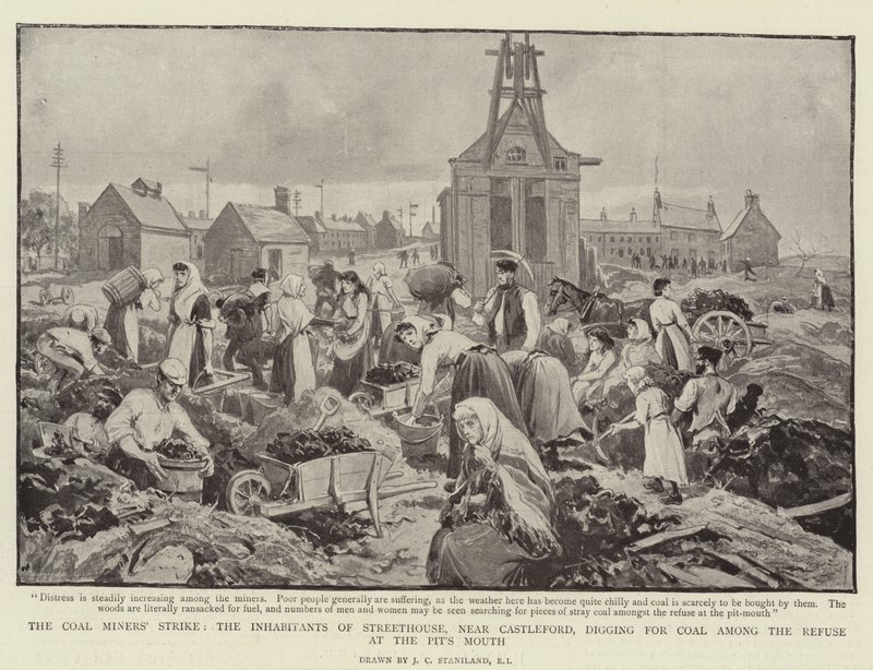 De staking van de mijnwerkers, de inwoners van Streethouse, nabij Castleford, graven naar kolen tussen het afval bij de mijnmond door Charles J. Staniland