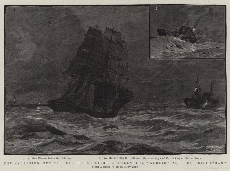 De botsing bij de Dungeness vuurtoren tussen de Nereid en de Killochan door Charles J. Staniland