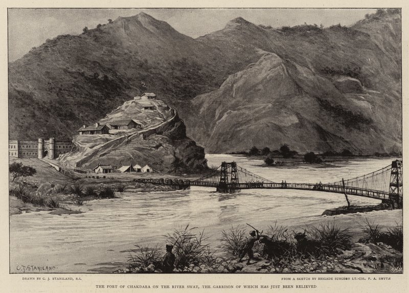 Het Fort van Chakdara aan de Rivier Swat, waarvan het garnizoen net is ontzet door Charles J. Staniland