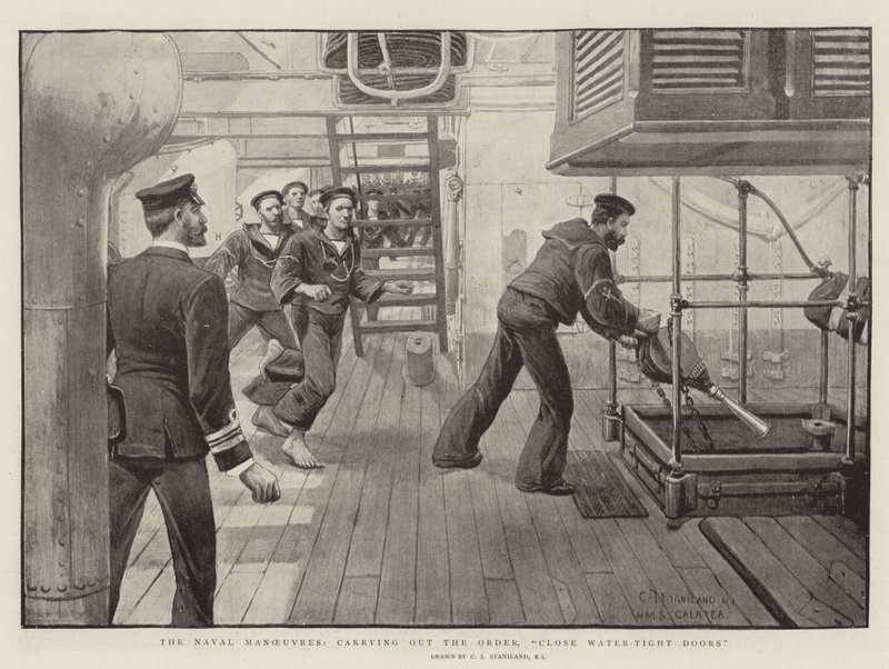 De Marine Manoeuvres, uitvoeren van het bevel, Sluit Waterdichte Deuren door Charles J. Staniland