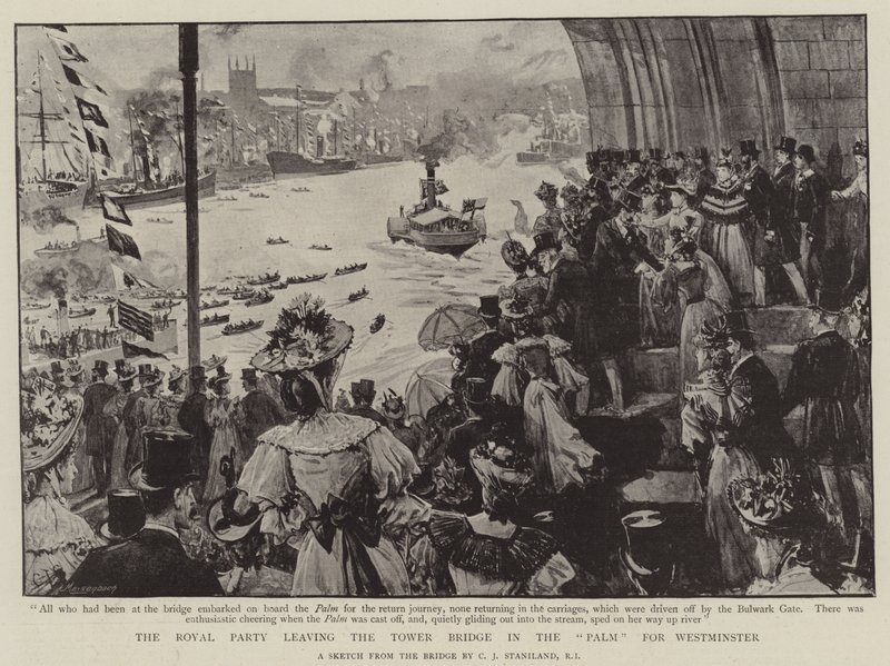 Het koninklijk gezelschap verlaat de Tower Bridge in de Palm voor Westminster door Charles J. Staniland