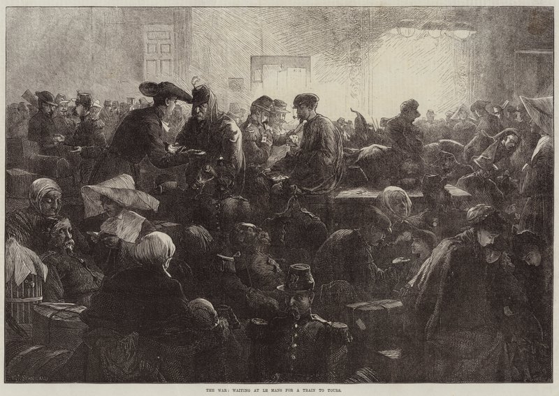 De Oorlog, wachten in Le Mans op een trein naar Tours door Charles J. Staniland
