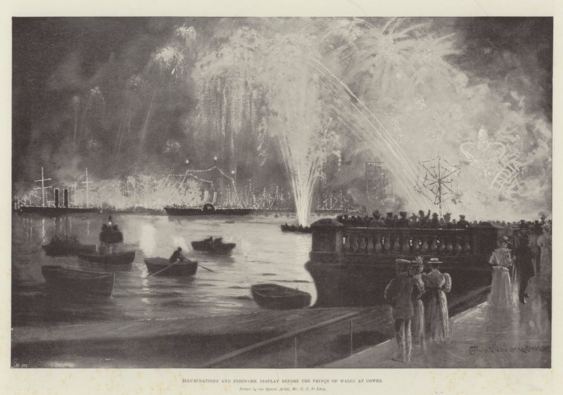 Verlichtingen en vuurwerkshow voor de Prins van Wales in Cowes door Charles John de Lacy
